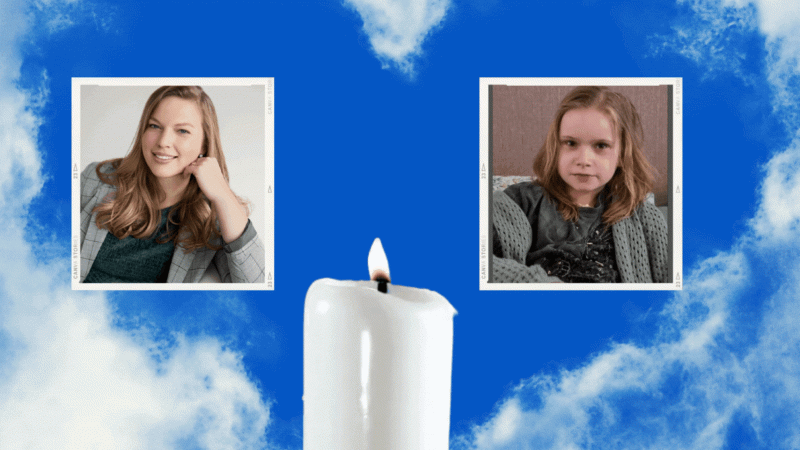 Sanne en Hebe. Op de achtergrond een wolk in vorm van een hart en middenonder een brandende kaars.